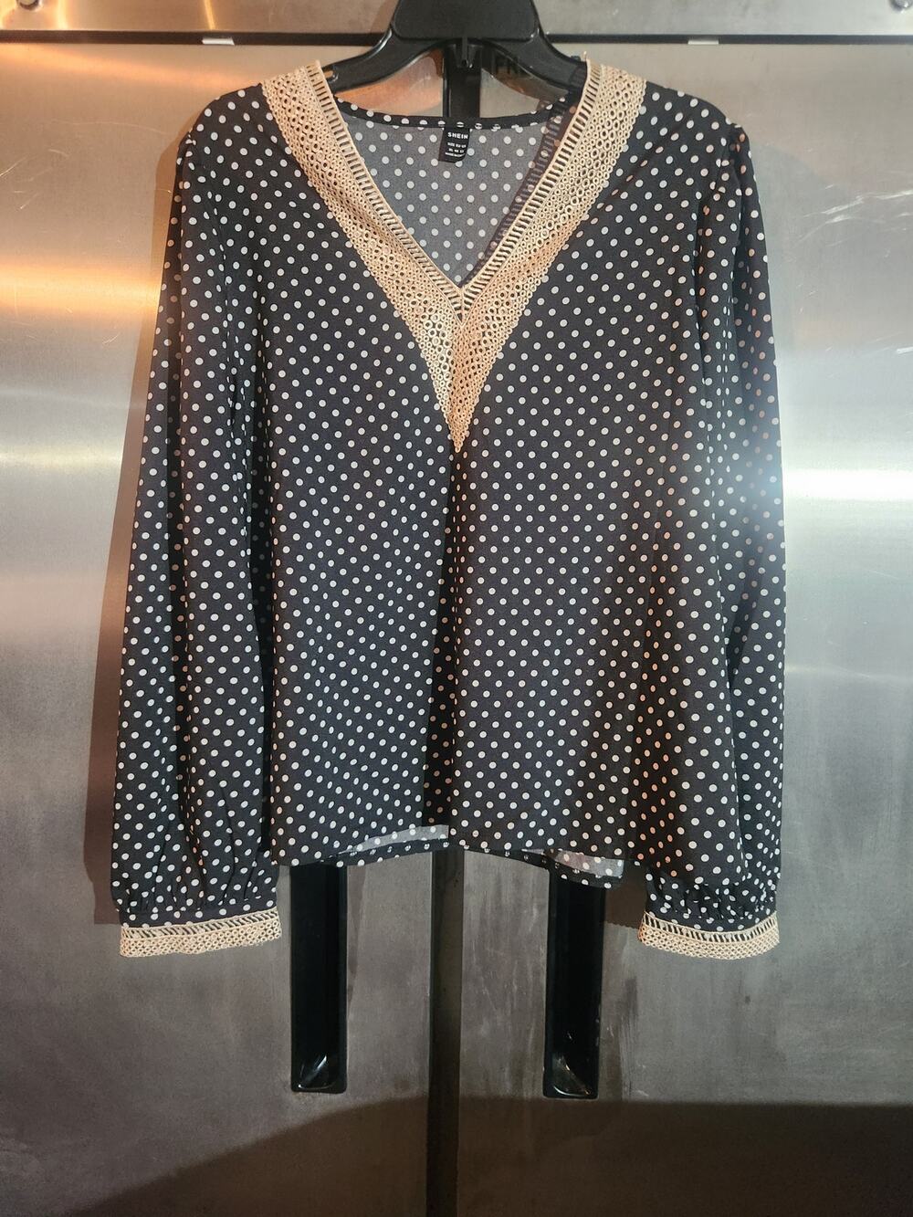 Shein Black Polka Dot Crochet Trim V-Neck Top Size XL
